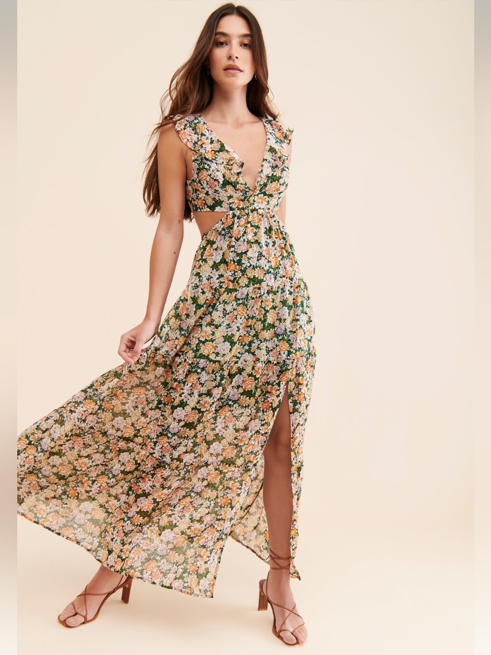 ASTR Floral Ruffle Cutout Maxi Dress S